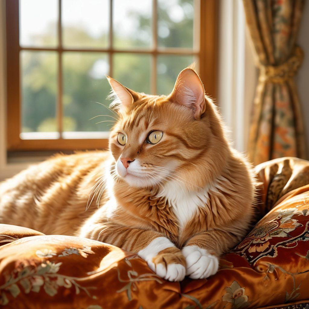 A majestic orange and gold tabby cat lounging gracefully on a velvet cushion, surrounded by intricate floral patterns and elegant decor. Golden sunlight filters through a large window, casting warm glows on its sleek fur and the luxurious setting. The scene captures the regal yet playful essence of felines, emphasizing their elegance and allure. super-realistic. vibrant colors. soft focus.