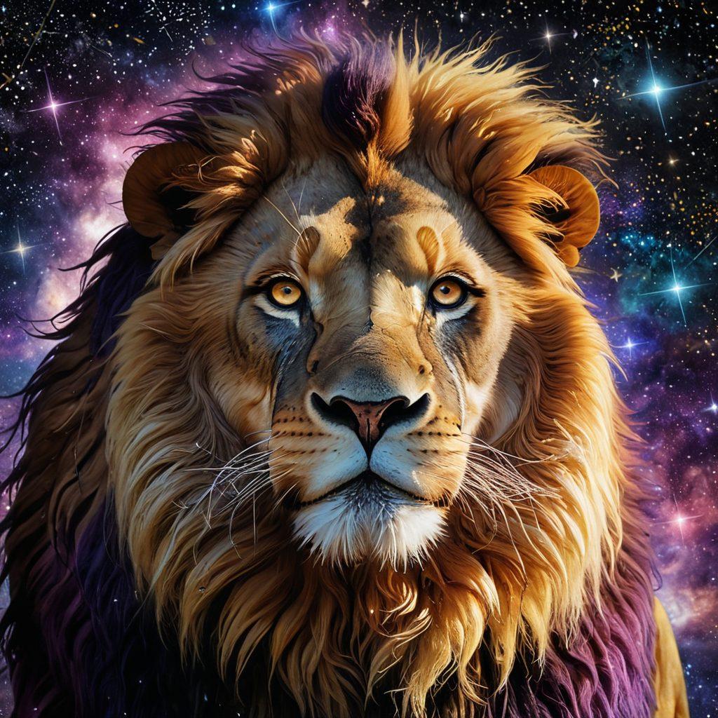 A striking lion with a regal mane, elegantly posed against a celestial backdrop filled with stars and constellations, embodying the essence of the Leo zodiac sign. The lion's eyes sparkle with wisdom and confidence, surrounded by vibrant golds and deep purples that reflect warmth and creativity. Include astrological symbols subtly interwoven in the background. super-realistic. vibrant colors. cosmic theme.