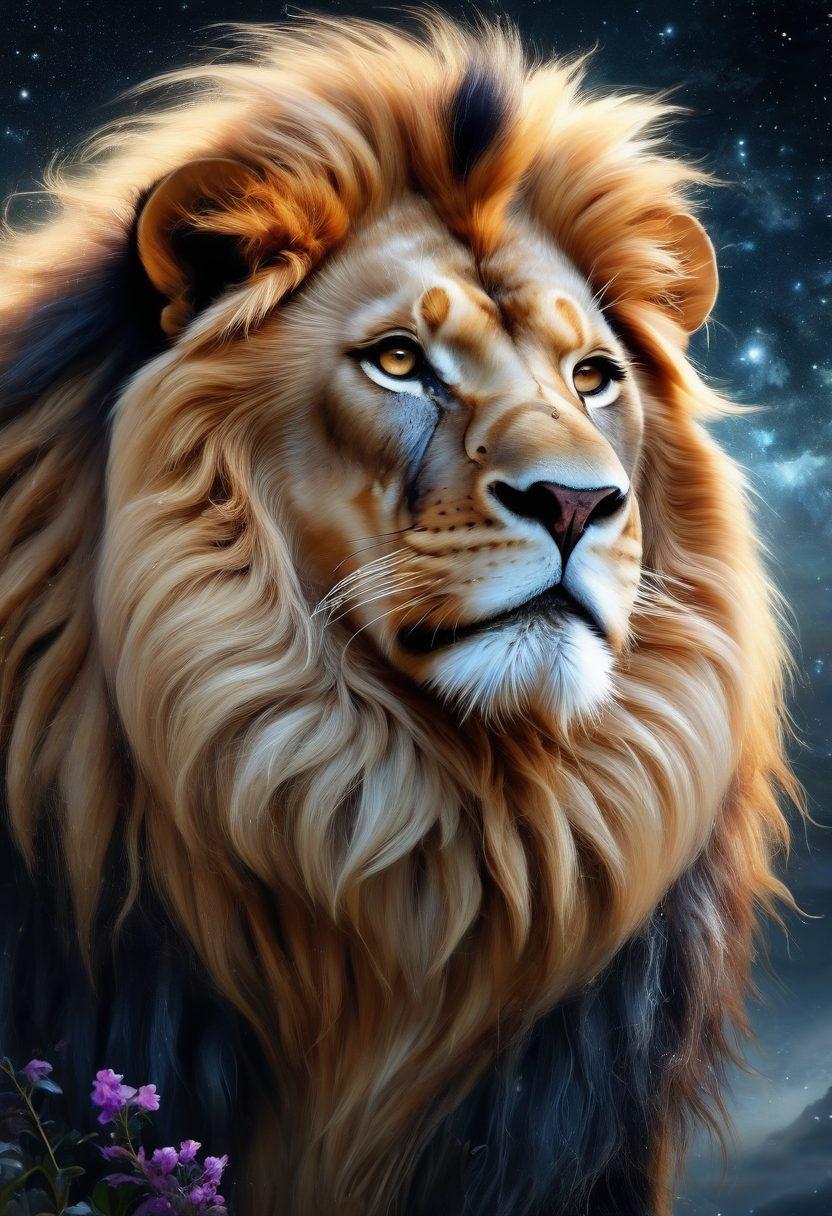 An ethereal lion with a magnificent golden mane, elegantly poised against a starry night sky, surrounded by glowing constellations that represent the Leo zodiac signs. The lion's eyes sparkle with wisdom and strength, while delicate floral patterns intertwine around its body, symbolizing grace and allure. The background features a shimmering moon casting a silvery light, enhancing the mystical ambiance. vibrant colors. super-realistic.